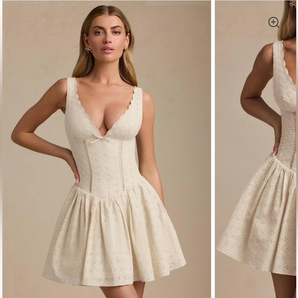 Oh Polly Sabina Broderie Anglaise Bow A-Line Mini Dress in Ivory